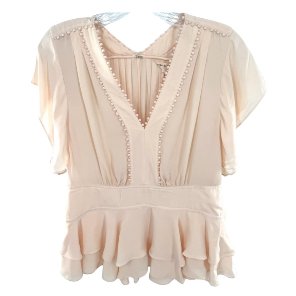Rebecca Taylor Designer Flouncy Peplum Silk Chiffon V-Neck Blouse